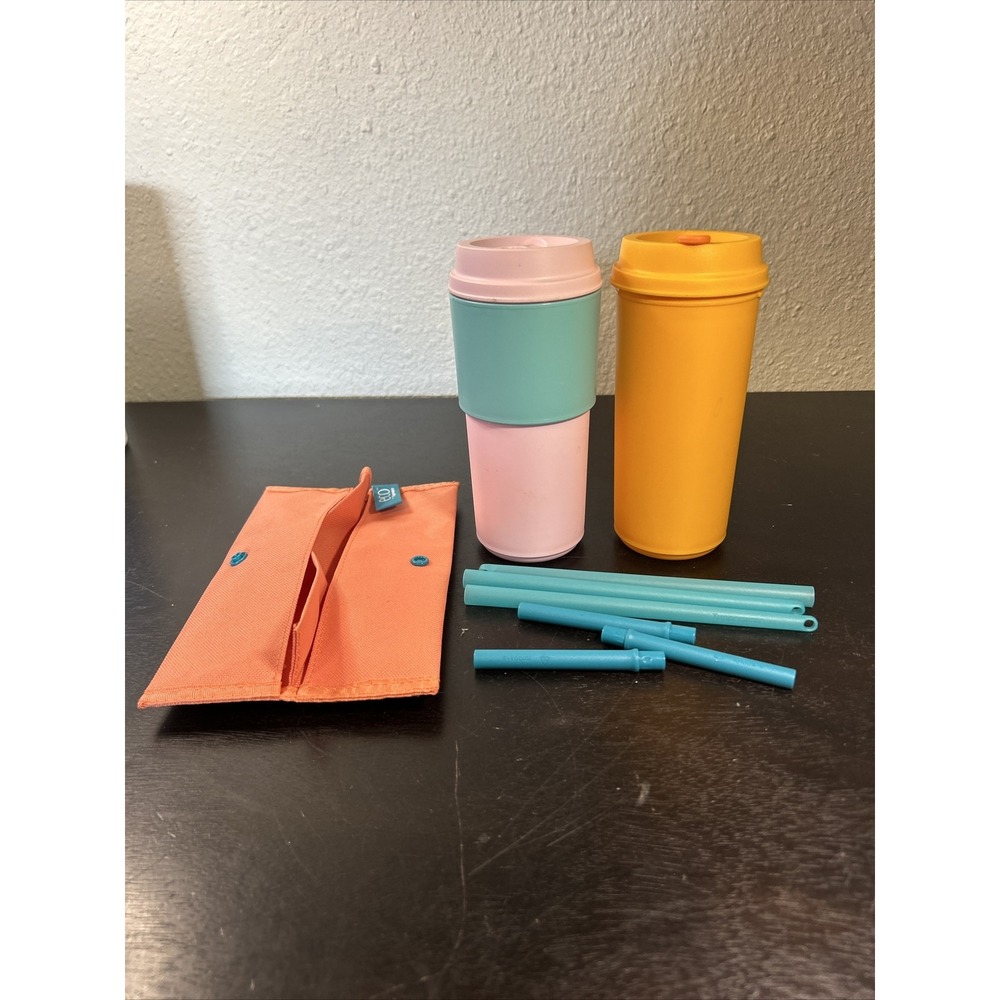TUPPERWARE ~ Eco To Go Cups 16 oz ~ #8906 Orange & Pink And Pack Of Straws